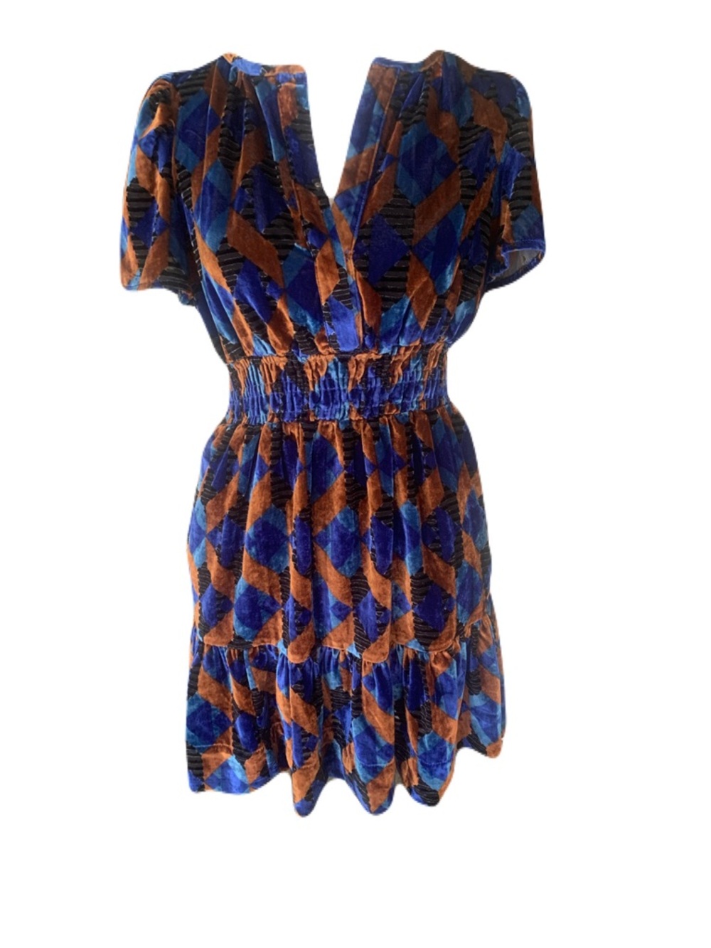 Anthropologie Women’s XSP Blue Brown Black Geometric Somerset Velvet Mini Dress